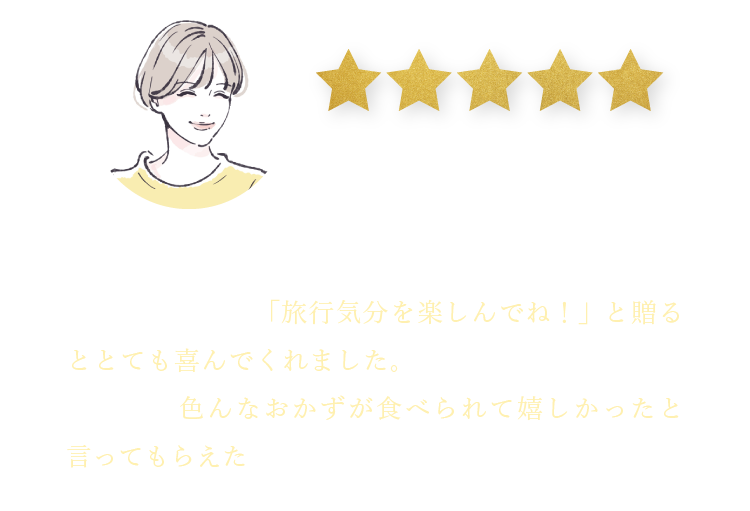 東京都 30代女性 E.D様 体調の面もあってあまり外出できていなかった遠方に住む義祖父へ「旅行気分を楽しんでね！」と贈るととても喜んでくれました。何品も用意するのは大変だから色んなおかずが食べられて嬉しかったと言ってもらえたのでよかったです。